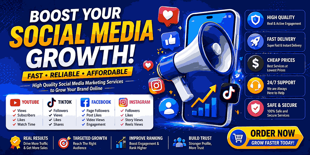 social media marketing services banner showing boost your social media growth with megaphone design followers likes views for YouTube TikTok Facebook and Instagram with fast affordable services
